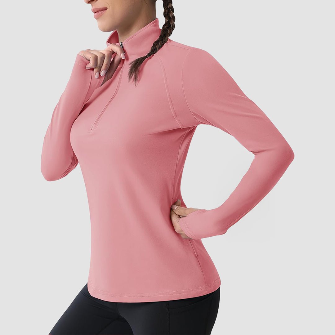Gray Pink Women's Thermal Quarter Zip Athletic Running Shirt - MAGCOMSEN