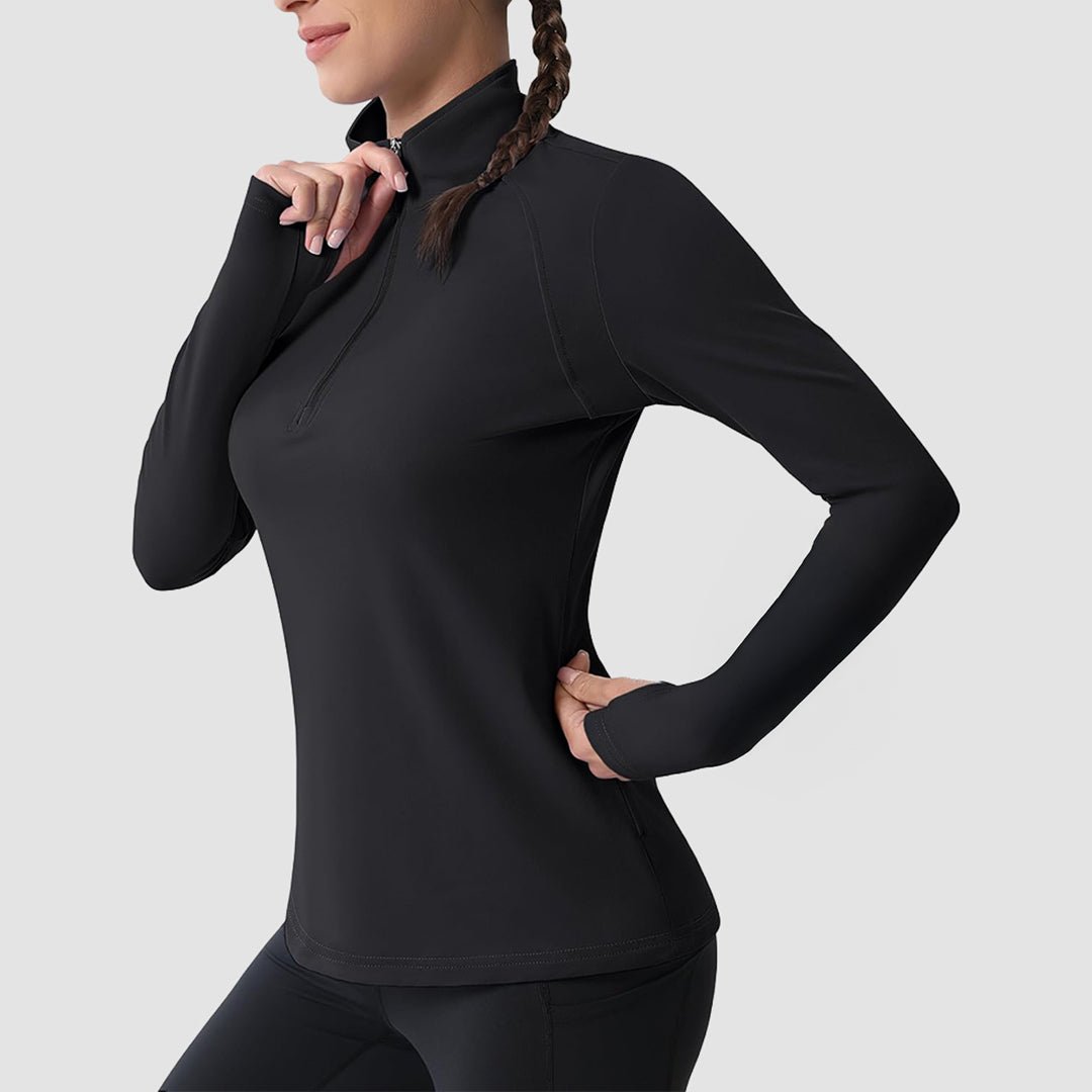 Black Women's Thermal Quarter Zip Athletic Running Shirt - MAGCOMSEN