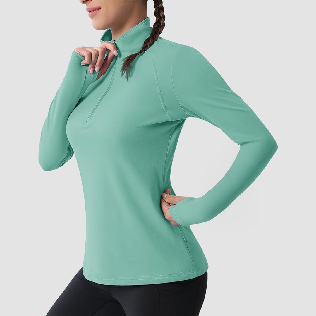 Gray Green Women's Thermal Quarter Zip Athletic Running Shirt - MAGCOMSEN