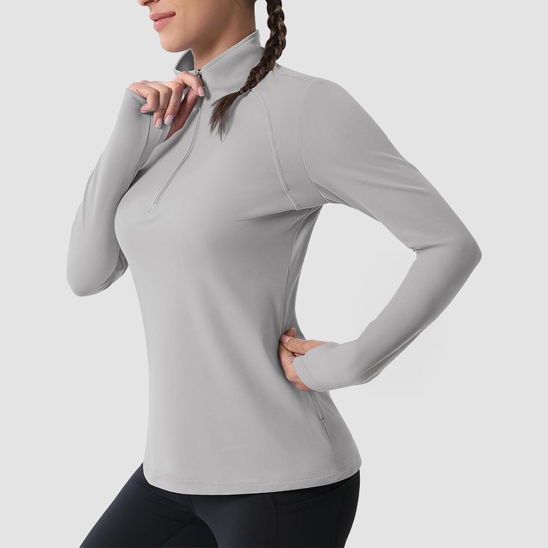 Light Grey Women's Thermal Quarter Zip Athletic Running Shirt - MAGCOMSEN