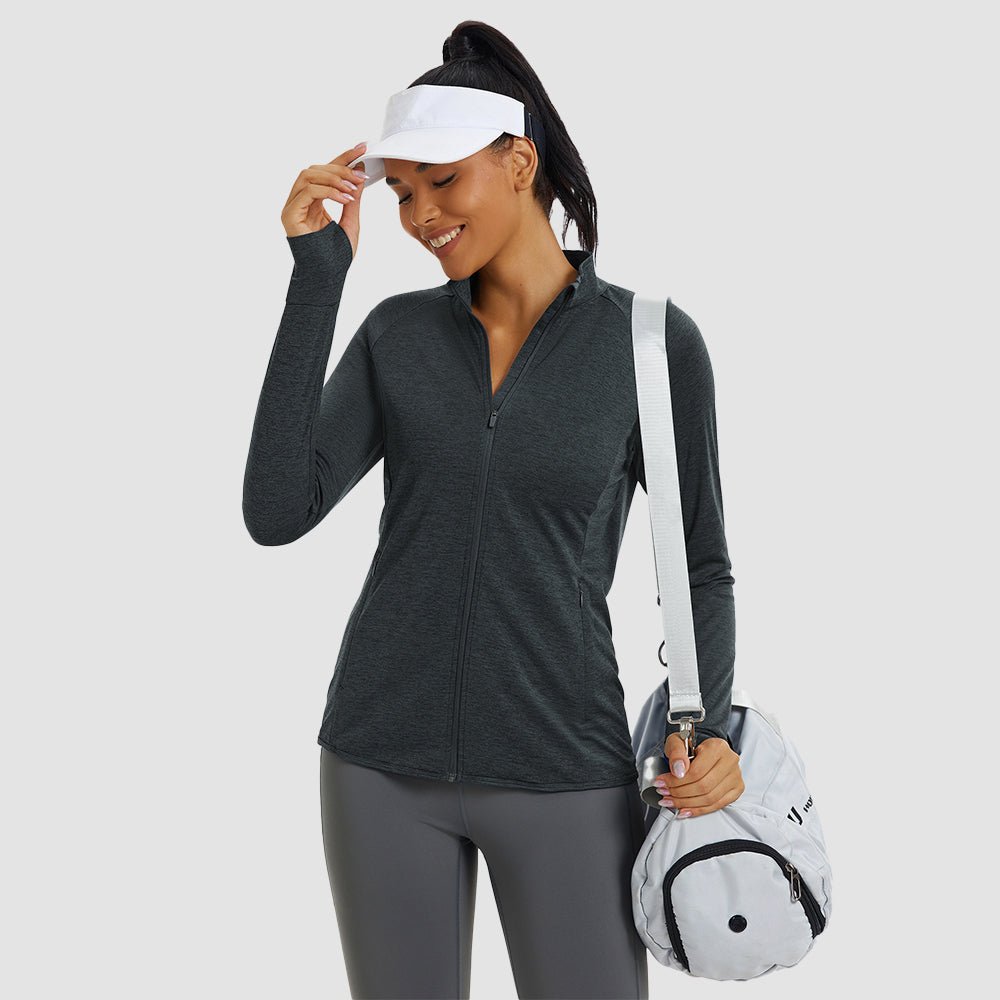 Black Women's UPF 50+ Full Zip Running Jacket - Lightweight Sun Protection Top - MAGCOMSEN