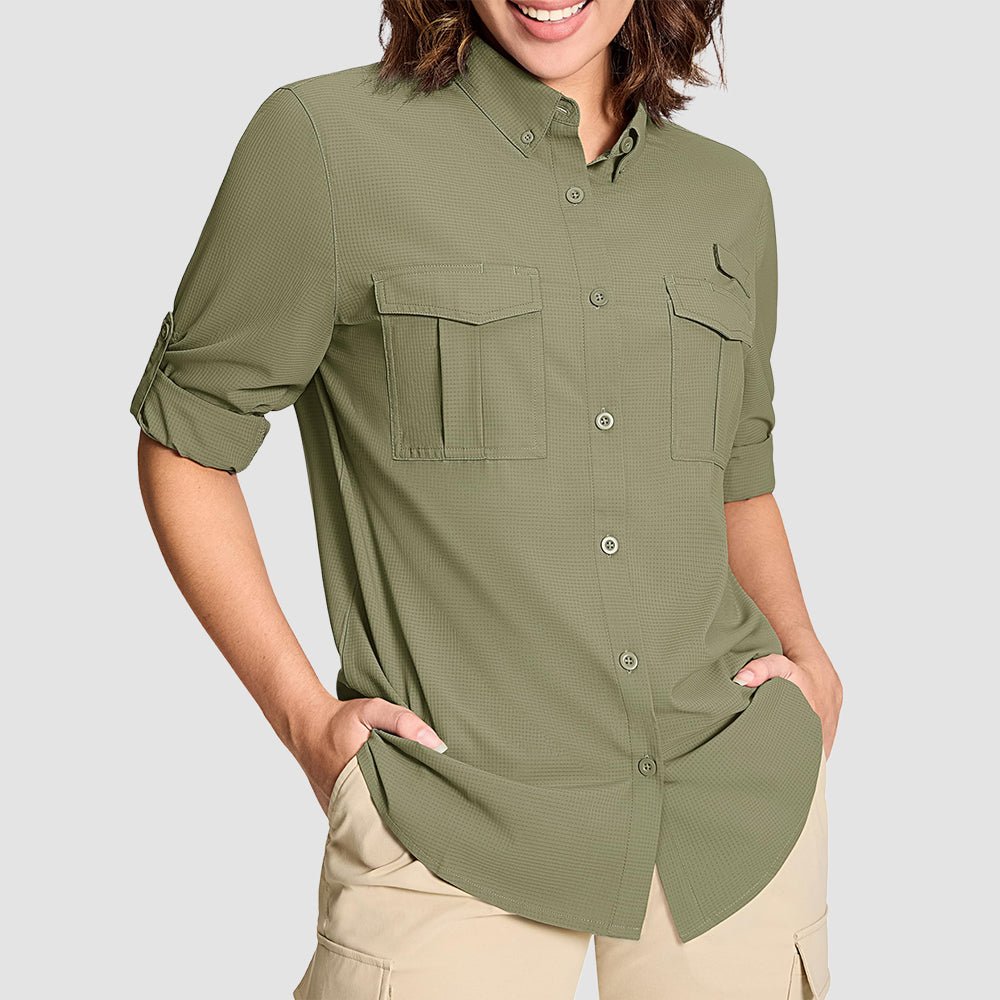 Grey Green Women's UPF 50 Sun Protection Long Sleeve Hiking Shirt - MAGCOMSEN