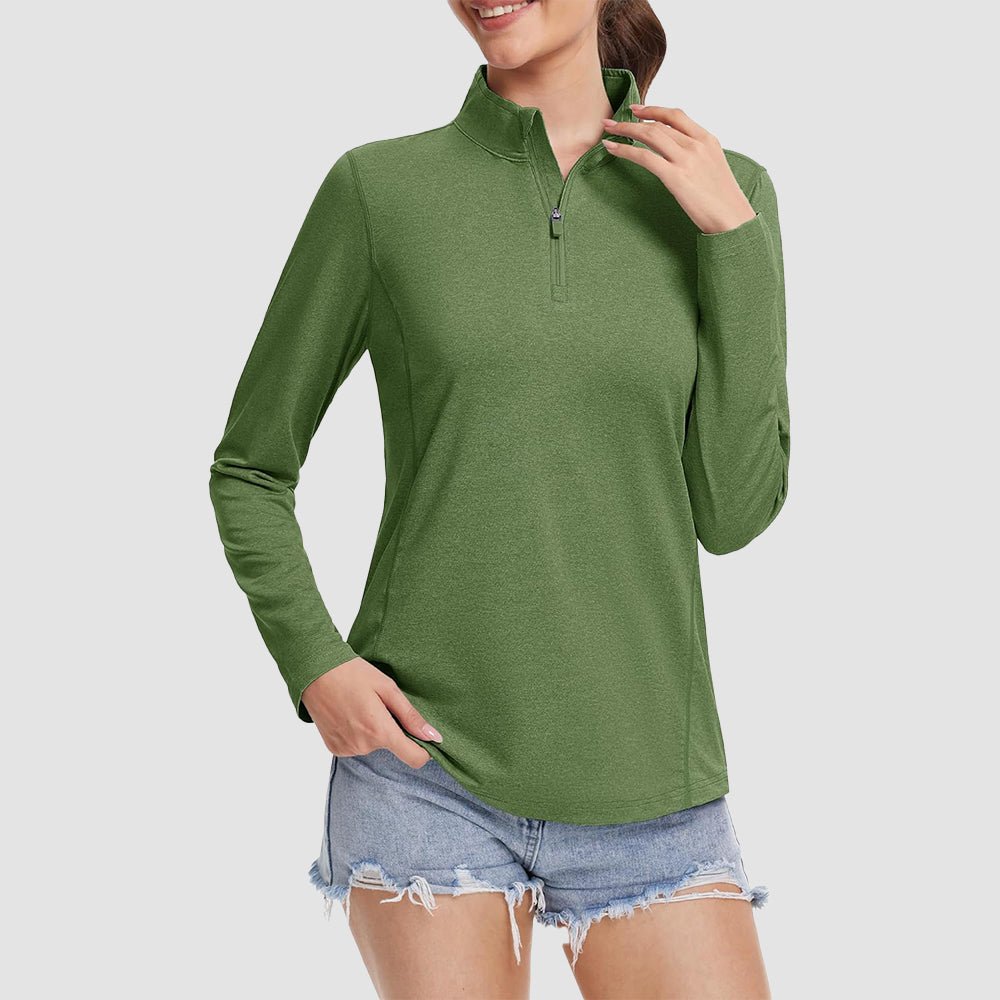 Army Green Women's UPF50 Shirt - 1/4 Zip, Quick Dry & Sun Protection - MAGCOMSEN