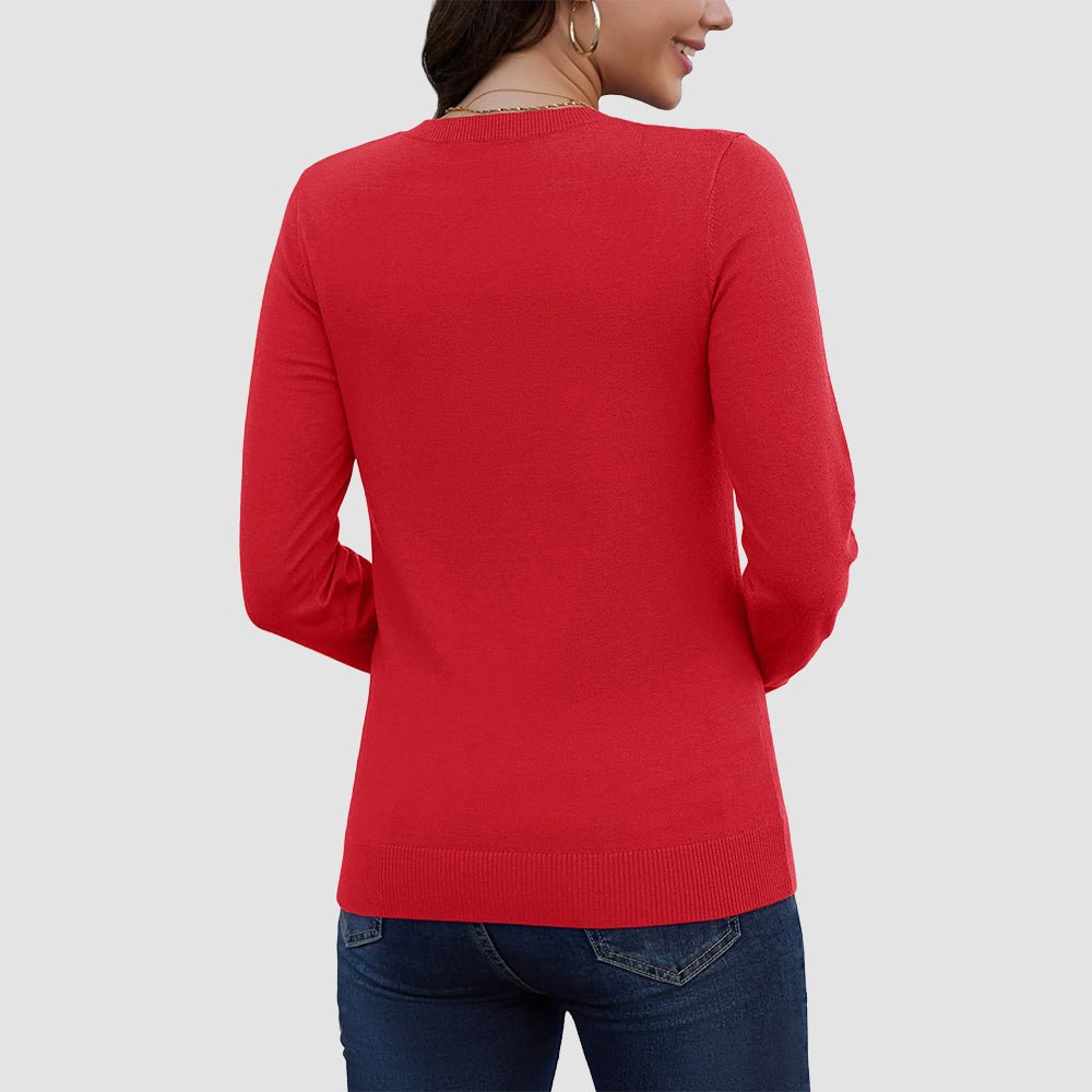 Tomato Red Women's V Neck Casual Knit Long Sleeve Sweater - MAGCOMSEN