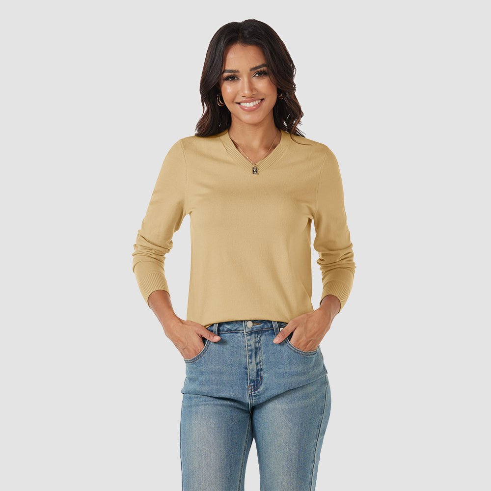 Apricot Women's V Neck Casual Knit Long Sleeve Sweater - MAGCOMSEN