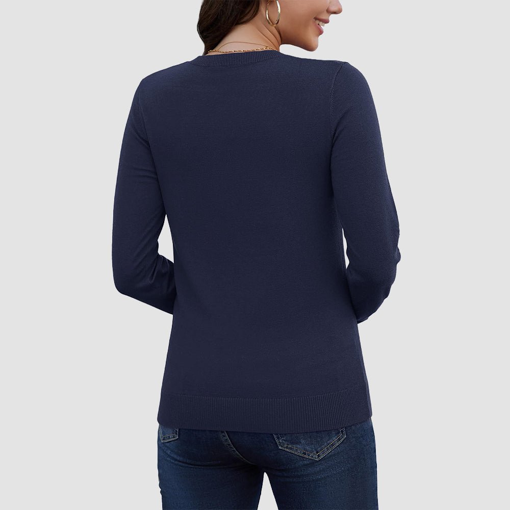 Navy Women's V Neck Casual Knit Long Sleeve Sweater - MAGCOMSEN