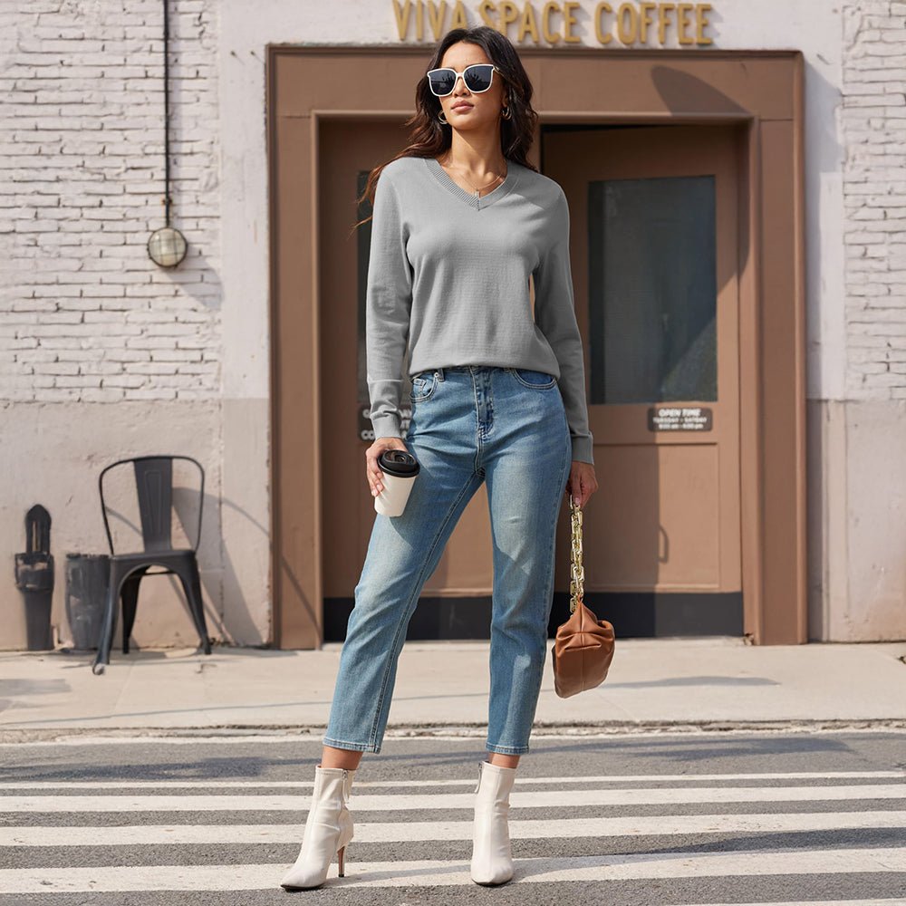 Light Grey Women's V Neck Casual Knit Long Sleeve Sweater - MAGCOMSEN