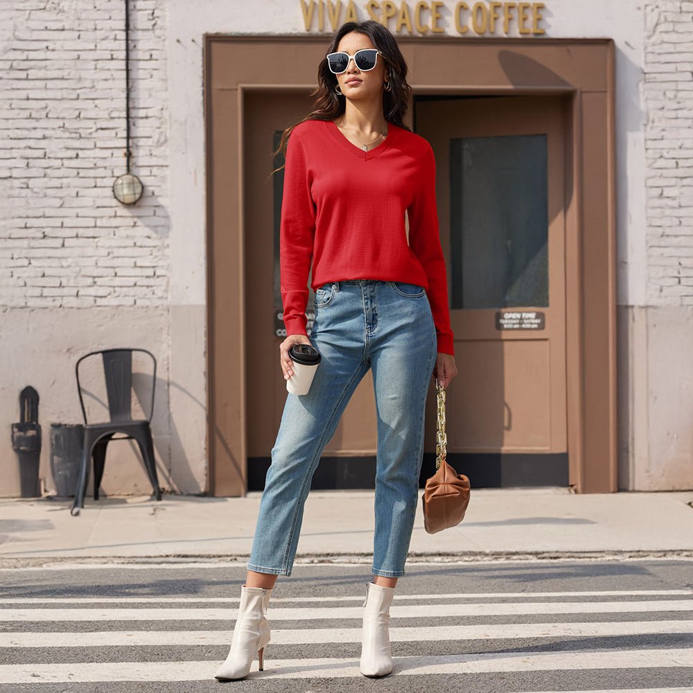 Tomato Red Women's V Neck Casual Knit Long Sleeve Sweater - MAGCOMSEN