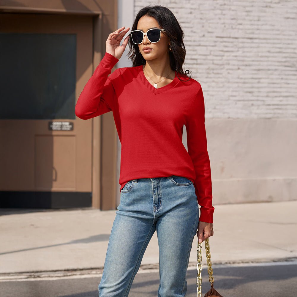 Tomato Red Women's V Neck Casual Knit Long Sleeve Sweater - MAGCOMSEN