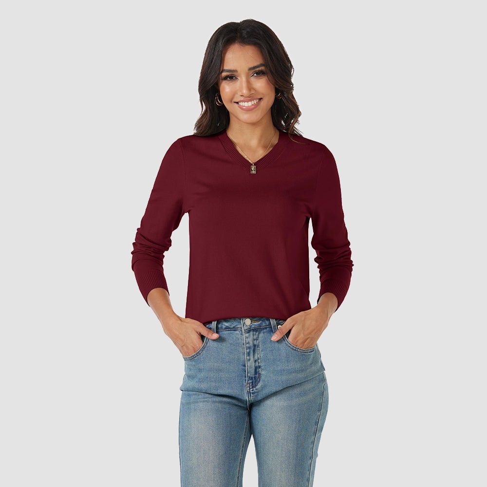 Wine Red Women's V Neck Casual Knit Long Sleeve Sweater - MAGCOMSEN