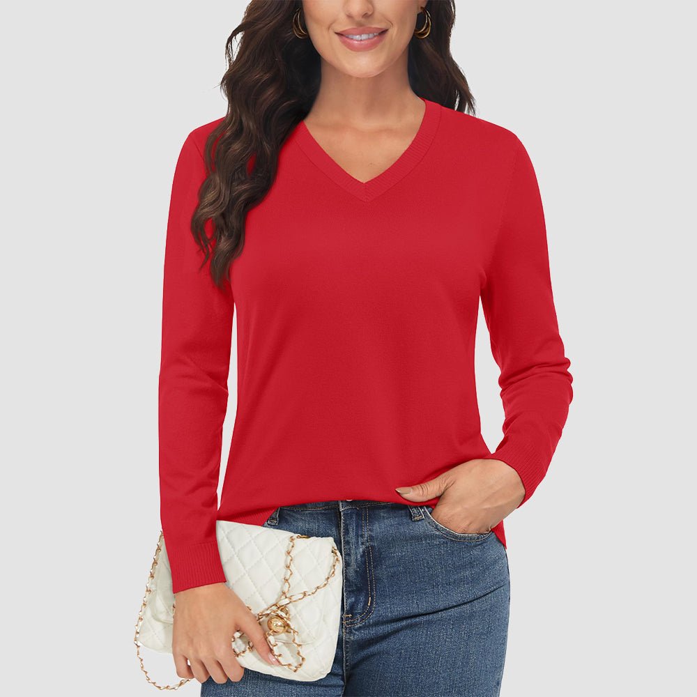 Tomato Red Women's V Neck Casual Knit Long Sleeve Sweater - MAGCOMSEN