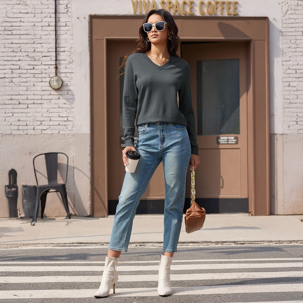 Dark Grey Women's V Neck Casual Knit Long Sleeve Sweater - MAGCOMSEN