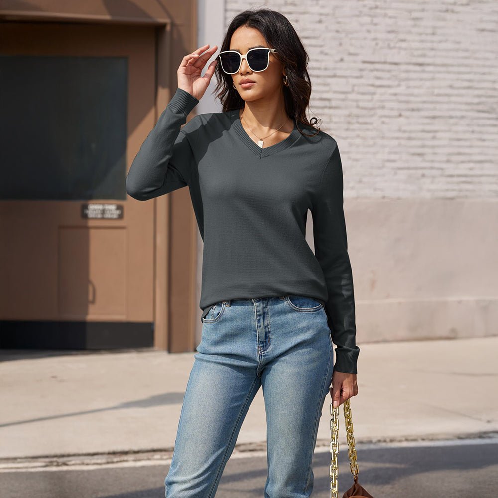 Dark Grey Women's V Neck Casual Knit Long Sleeve Sweater - MAGCOMSEN