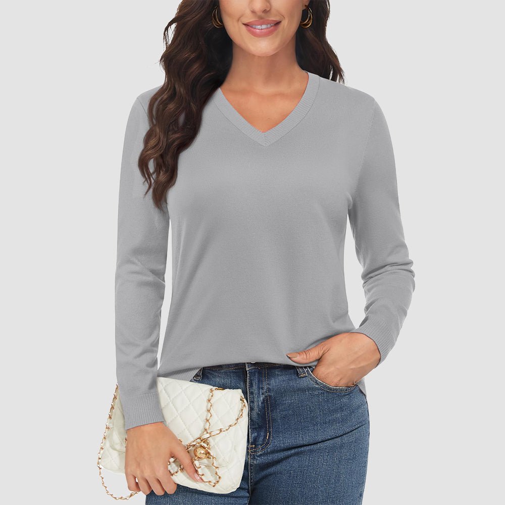 Light Grey Women's V Neck Casual Knit Long Sleeve Sweater - MAGCOMSEN