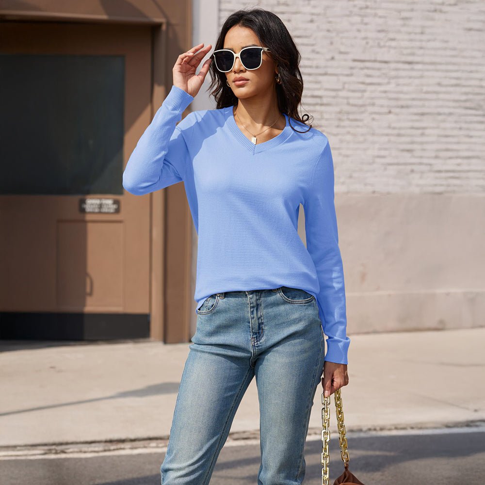 Pale Blue Women's V Neck Casual Knit Long Sleeve Sweater - MAGCOMSEN