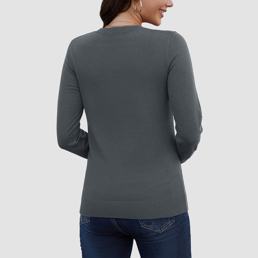 Dark Grey Women's V Neck Casual Knit Long Sleeve Sweater - MAGCOMSEN