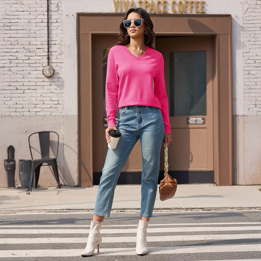 Rose Red Women's V Neck Casual Knit Long Sleeve Sweater - MAGCOMSEN
