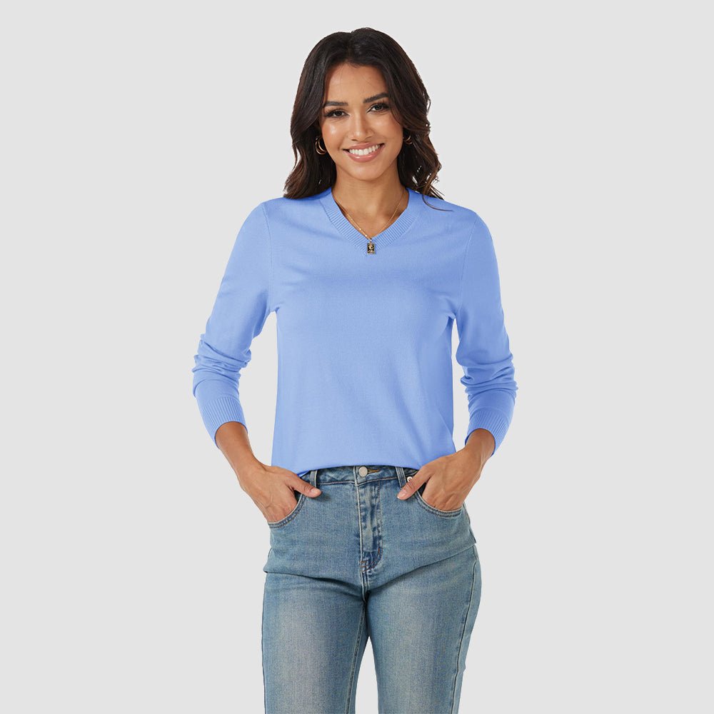 Pale Blue Women's V Neck Casual Knit Long Sleeve Sweater - MAGCOMSEN