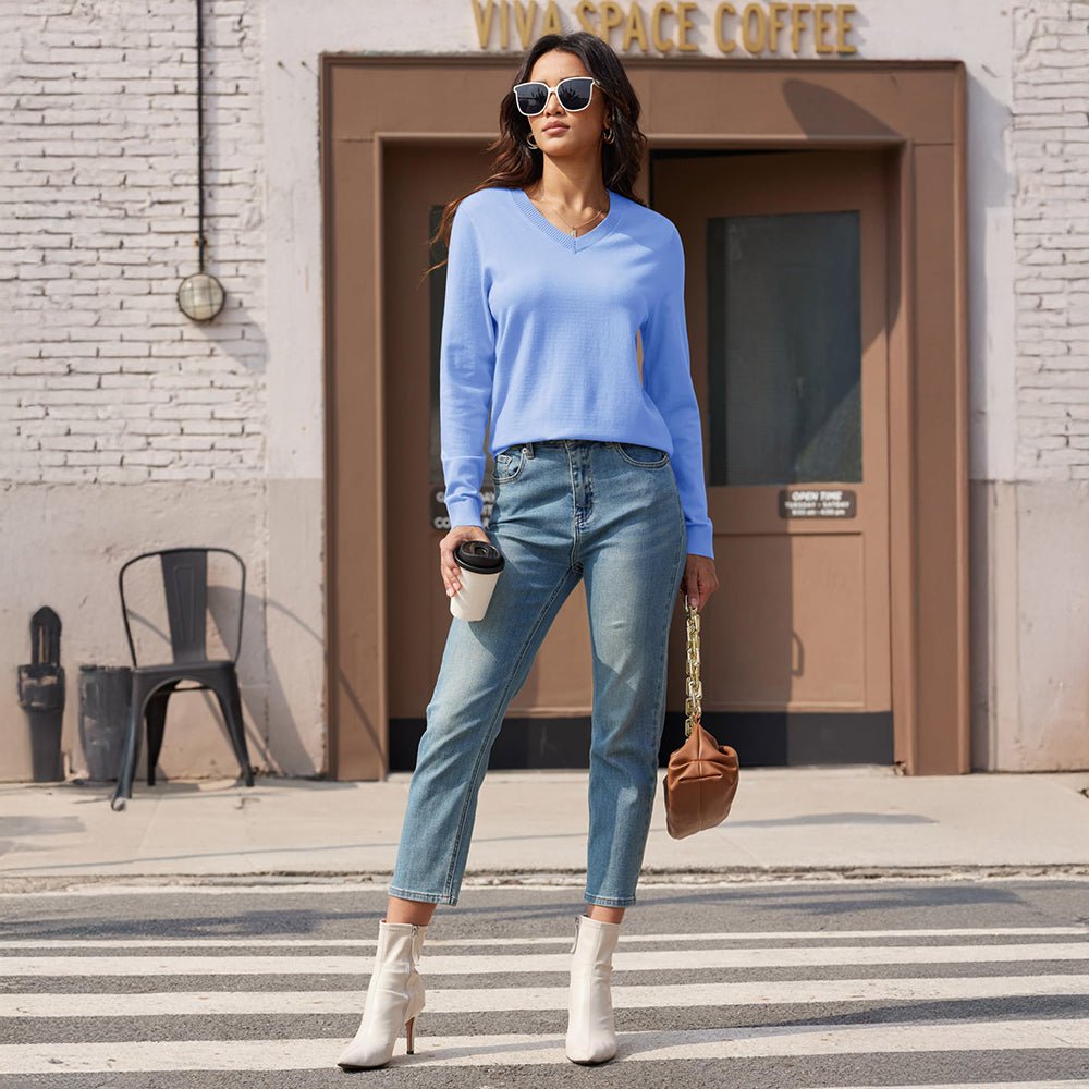 Pale Blue Women's V Neck Casual Knit Long Sleeve Sweater - MAGCOMSEN