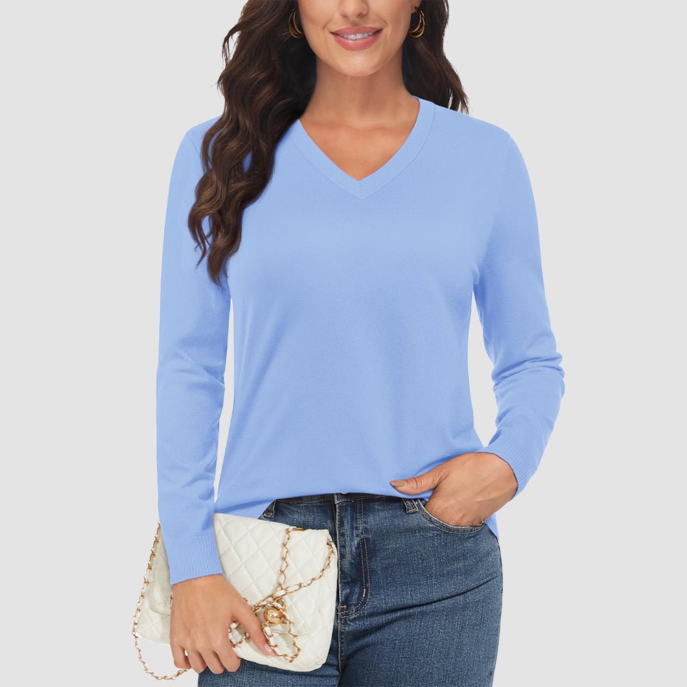 Pale Blue Women's V Neck Casual Knit Long Sleeve Sweater - MAGCOMSEN