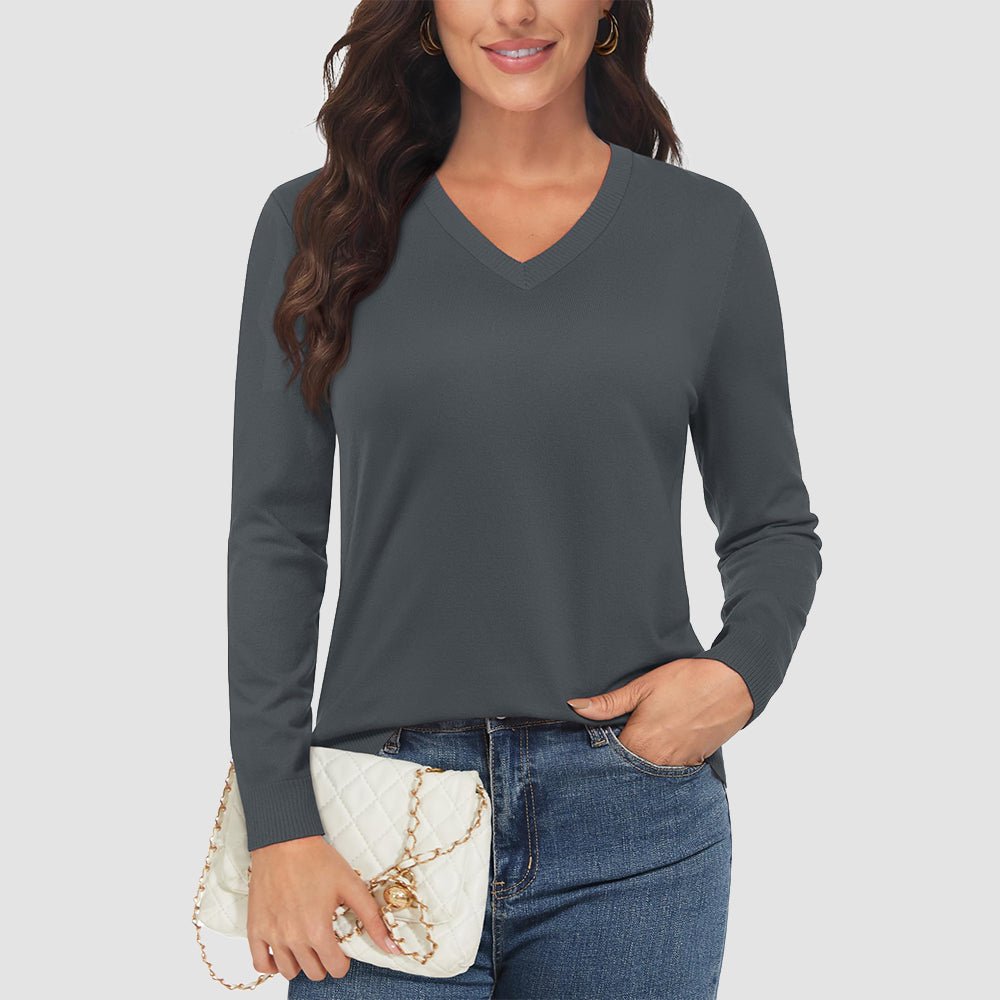 Dark Grey Women's V Neck Casual Knit Long Sleeve Sweater - MAGCOMSEN