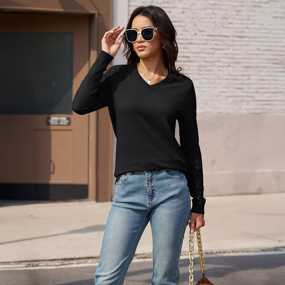 Black Women's V Neck Casual Knit Long Sleeve Sweater - MAGCOMSEN