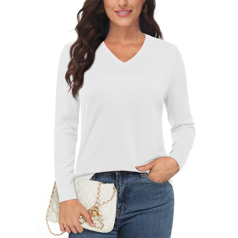 White Women's V Neck Casual Knit Long Sleeve Sweater - MAGCOMSEN