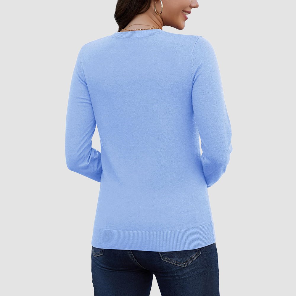 Pale Blue Women's V Neck Casual Knit Long Sleeve Sweater - MAGCOMSEN