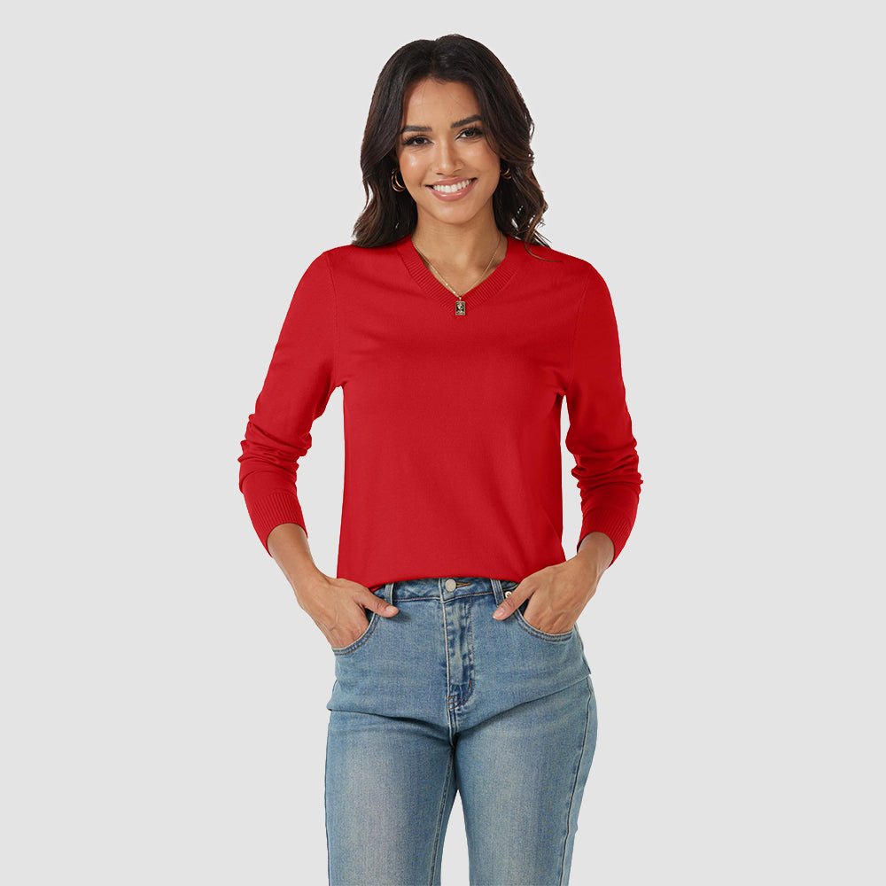 Tomato Red Women's V Neck Casual Knit Long Sleeve Sweater - MAGCOMSEN