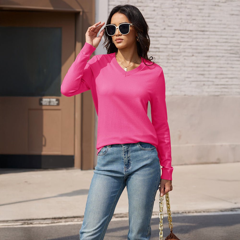 Rose Red Women's V Neck Casual Knit Long Sleeve Sweater - MAGCOMSEN