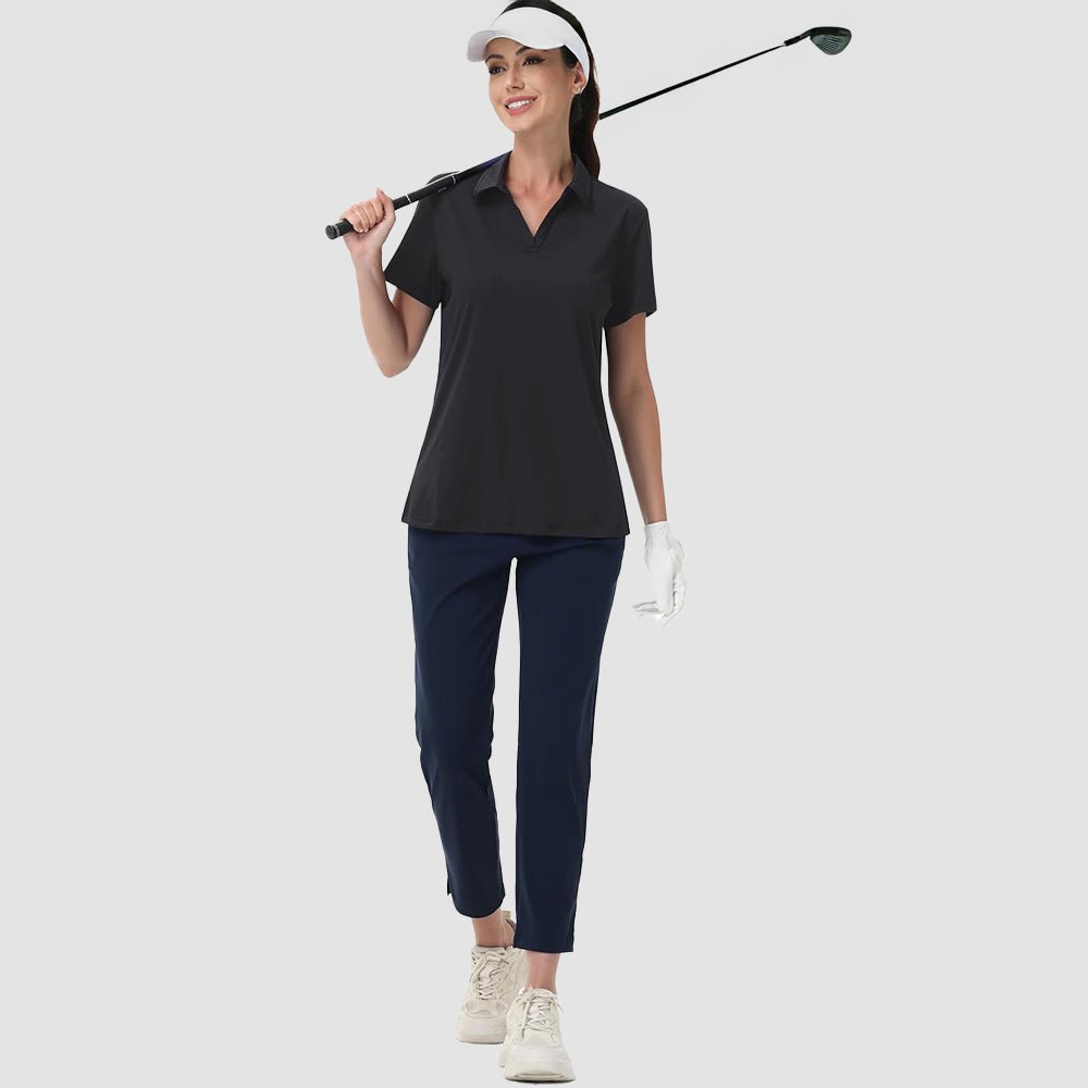 Black Women's V - Neck Golf Polo Shirt UPF 50+ Quick - Dry - MAGCOMSEN