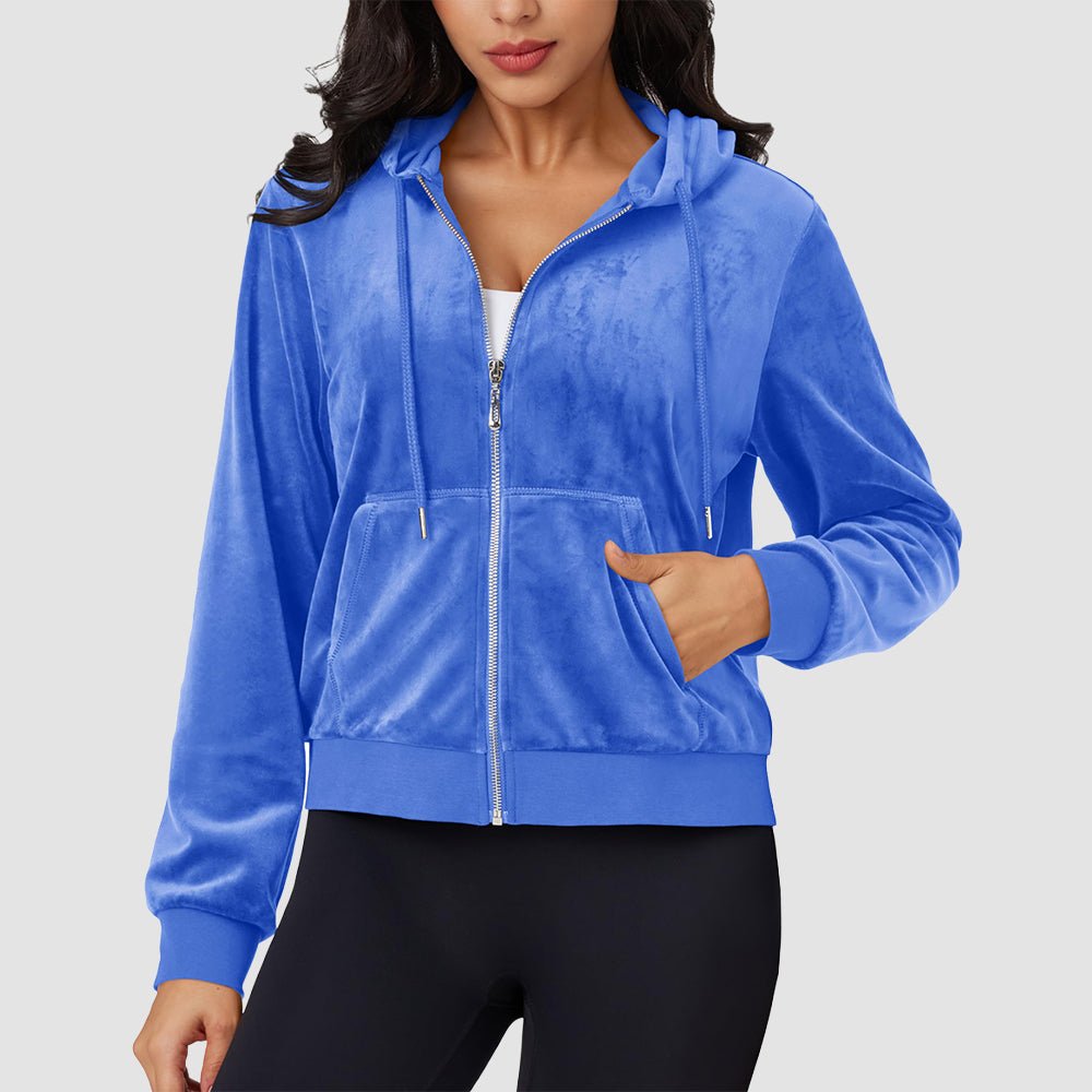 Sea Blue Women's Velvet Crop Hoodie Jacket with Zip Pockets - MAGCOMSEN
