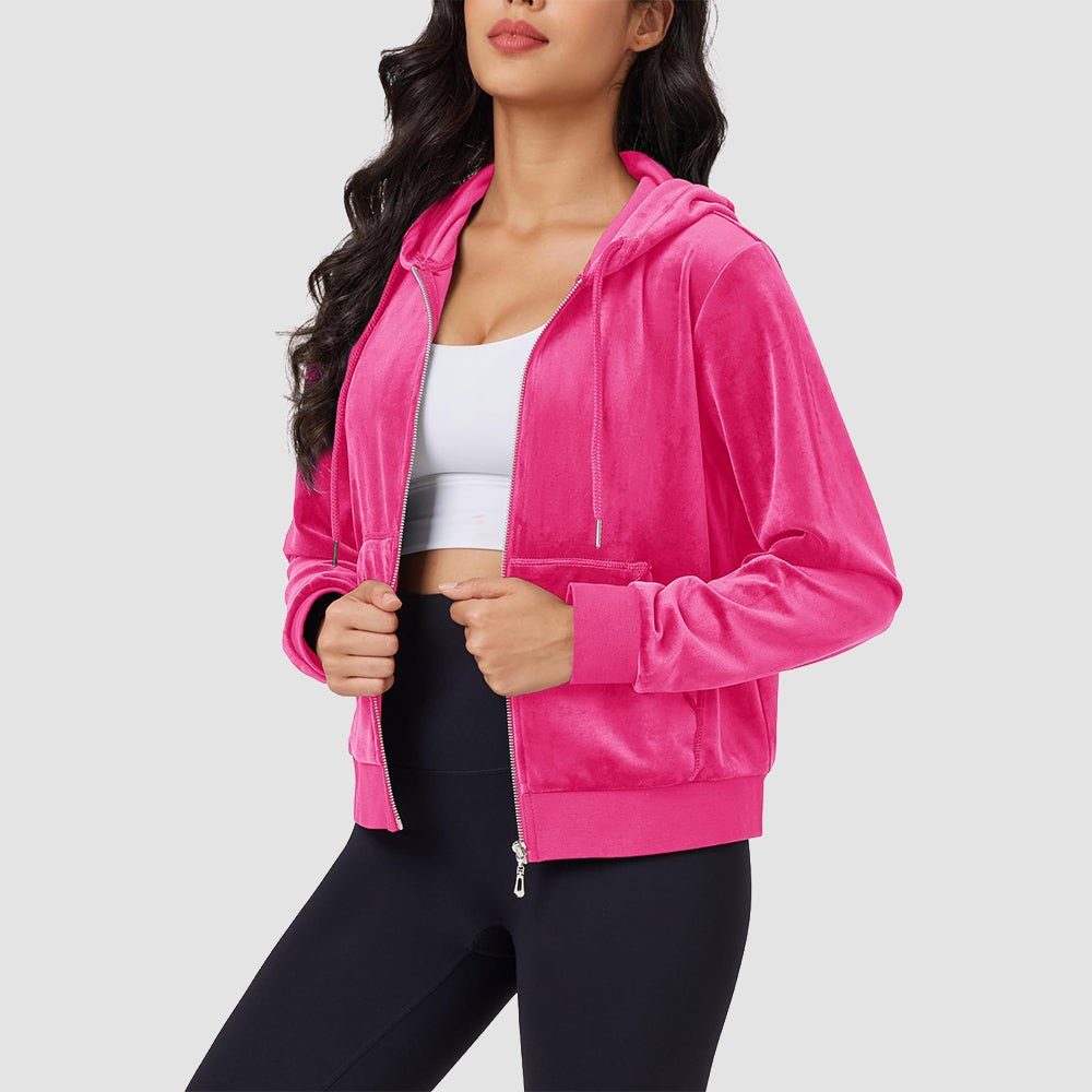 Rose Women's Velvet Crop Hoodie Jacket with Zip Pockets - MAGCOMSEN