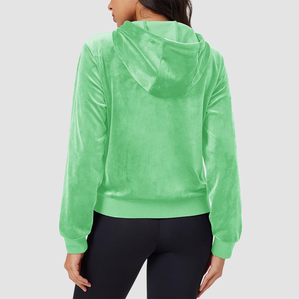 Mint Green Women's Velvet Crop Hoodie Jacket with Zip Pockets - MAGCOMSEN