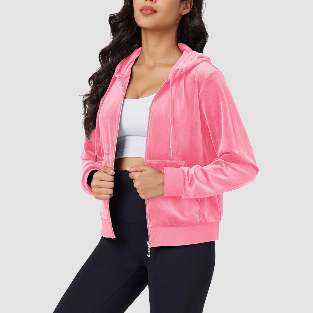 Bright Pink Women's Velvet Crop Hoodie Jacket with Zip Pockets - MAGCOMSEN