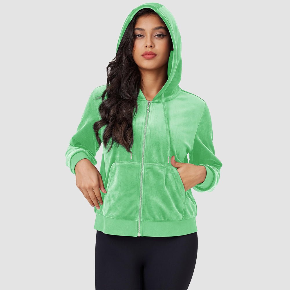 Mint Green Women's Velvet Crop Hoodie Jacket with Zip Pockets - MAGCOMSEN