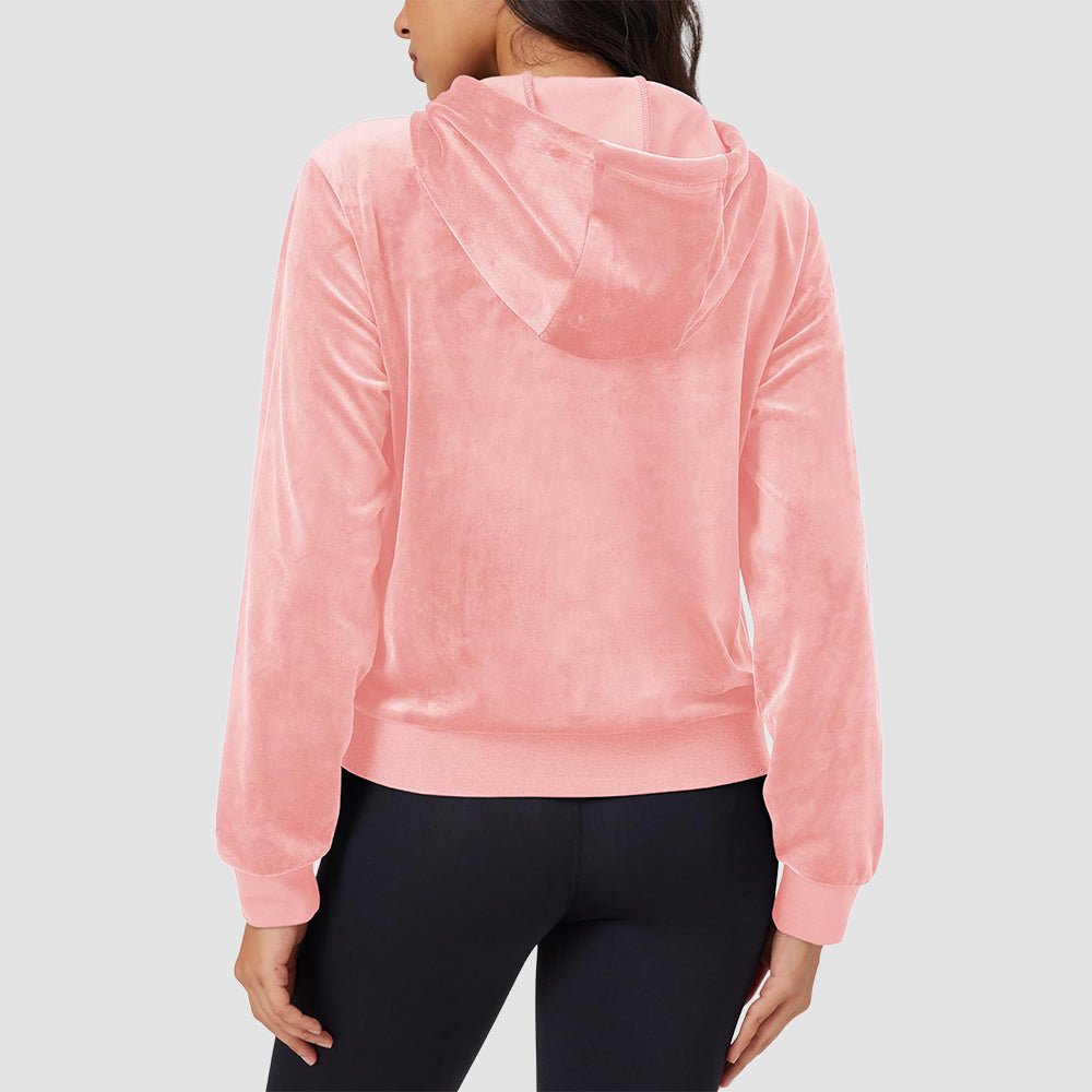 Pink Women's Velvet Crop Hoodie Jacket with Zip Pockets - MAGCOMSEN