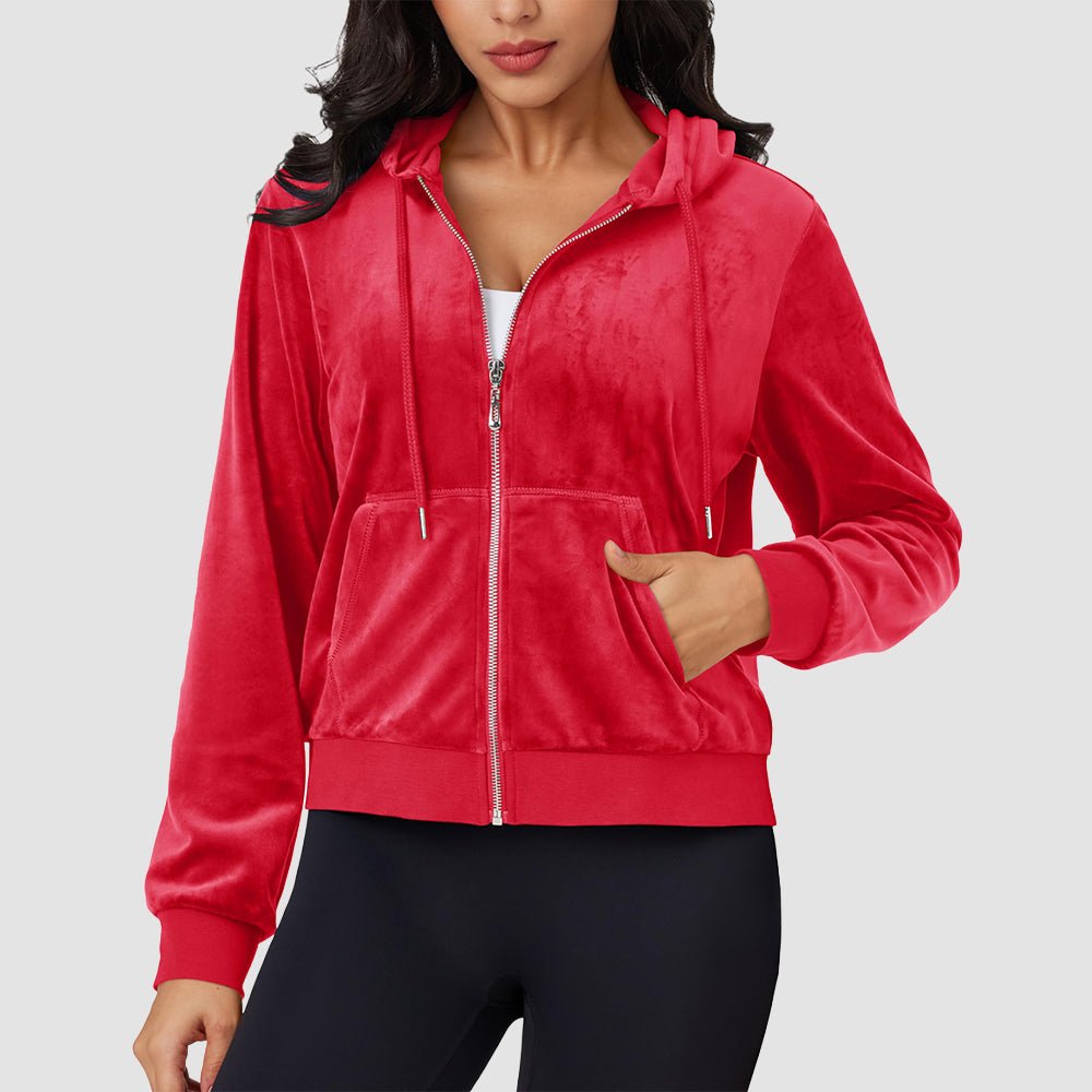Red Women's Velvet Crop Hoodie Jacket with Zip Pockets - MAGCOMSEN