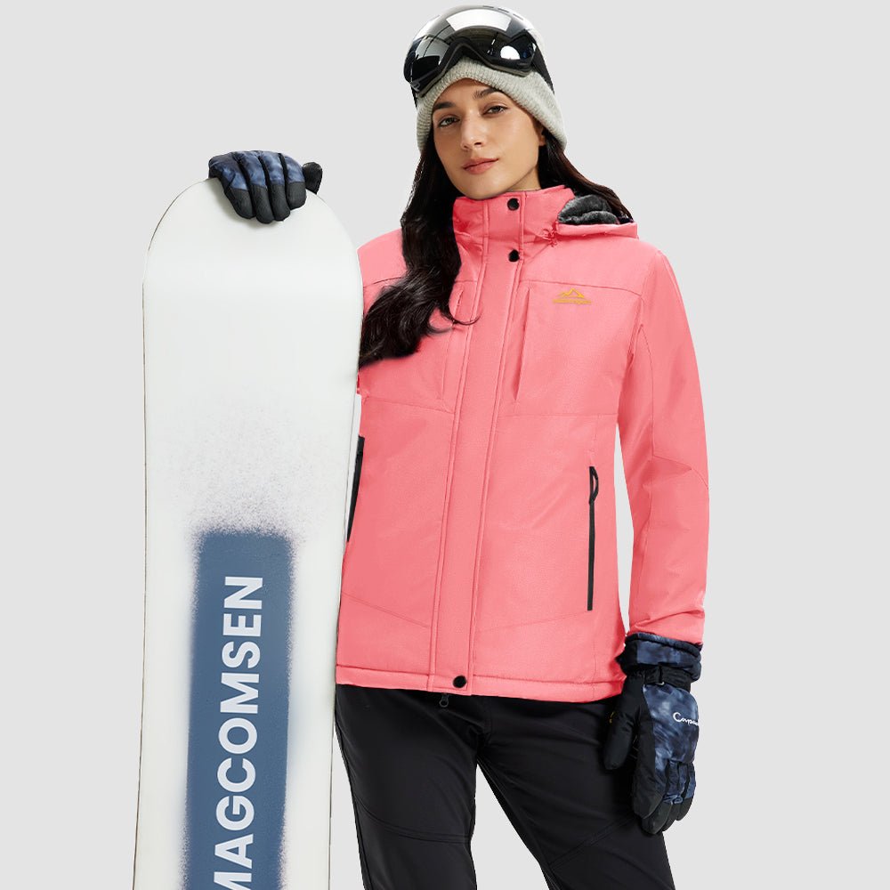 Pink Women's Waterproof Ski Jacket - Warm Fleece Lined Winter Snow Coat with Hood - MAGCOMSEN