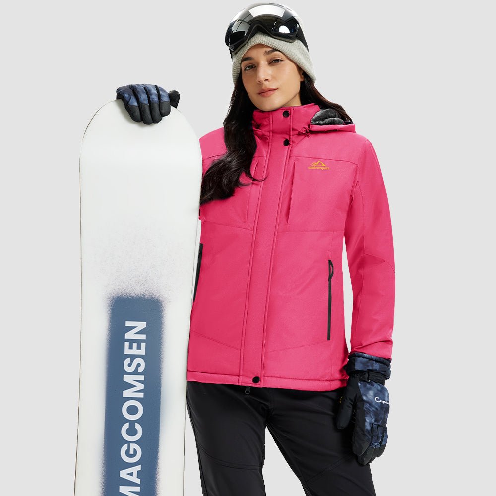 Rose Red Women's Waterproof Ski Jacket - Warm Fleece Lined Winter Snow Coat with Hood - MAGCOMSEN