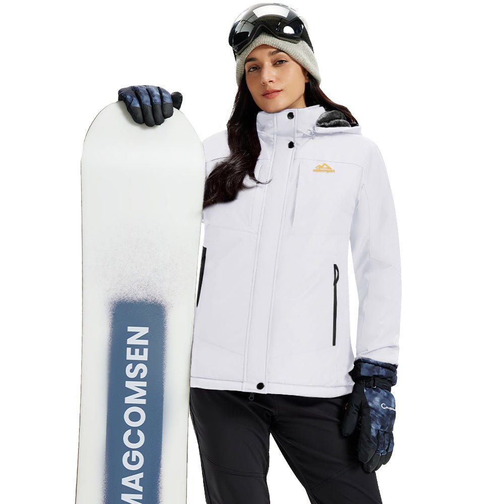 White Women's Waterproof Ski Jacket - Warm Fleece Lined Winter Snow Coat with Hood - MAGCOMSEN