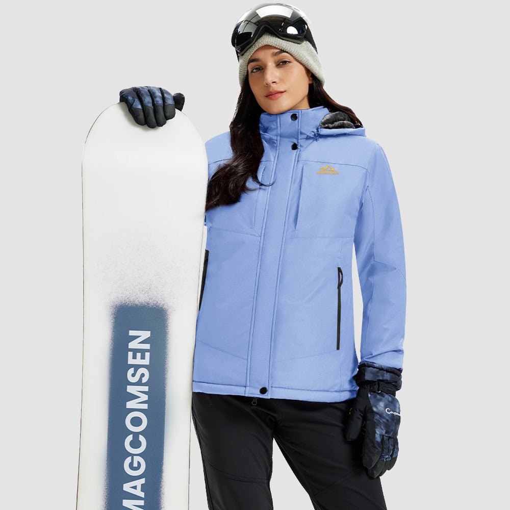 Light Blue Women's Waterproof Ski Jacket - Warm Fleece Lined Winter Snow Coat with Hood - MAGCOMSEN