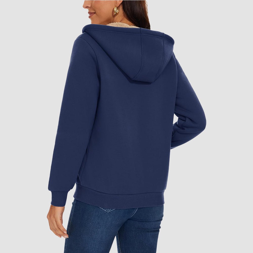 Navy Women's Zip - Up Sherpa Lined Fleece Hoodie Jacket - MAGCOMSEN