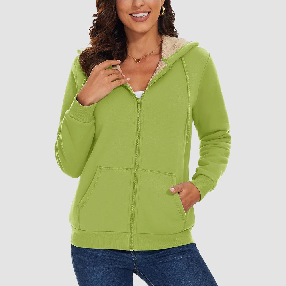 Olive Women's Zip - Up Sherpa Lined Fleece Hoodie Jacket - MAGCOMSEN