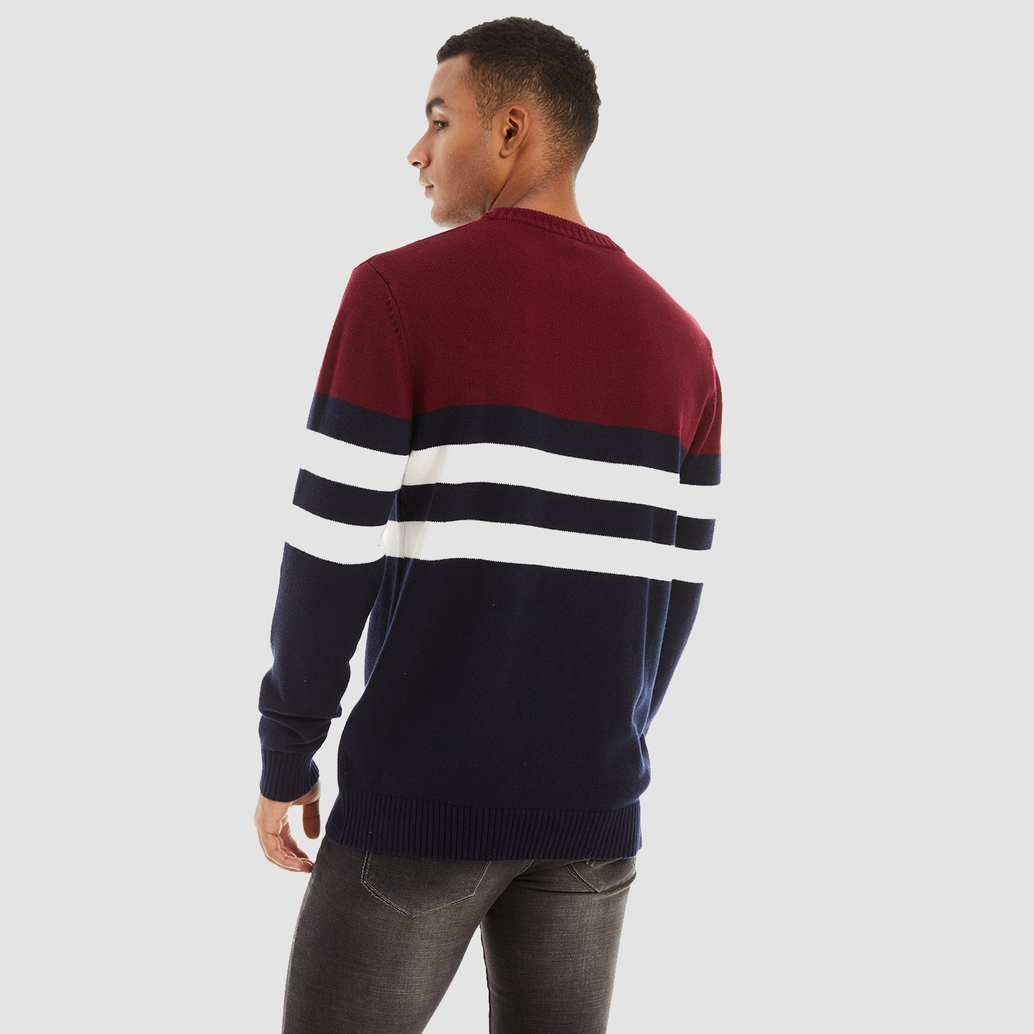Men's Crewneck Sweater Soft Thermal Knitted Sweatshirt Color Block Striped
