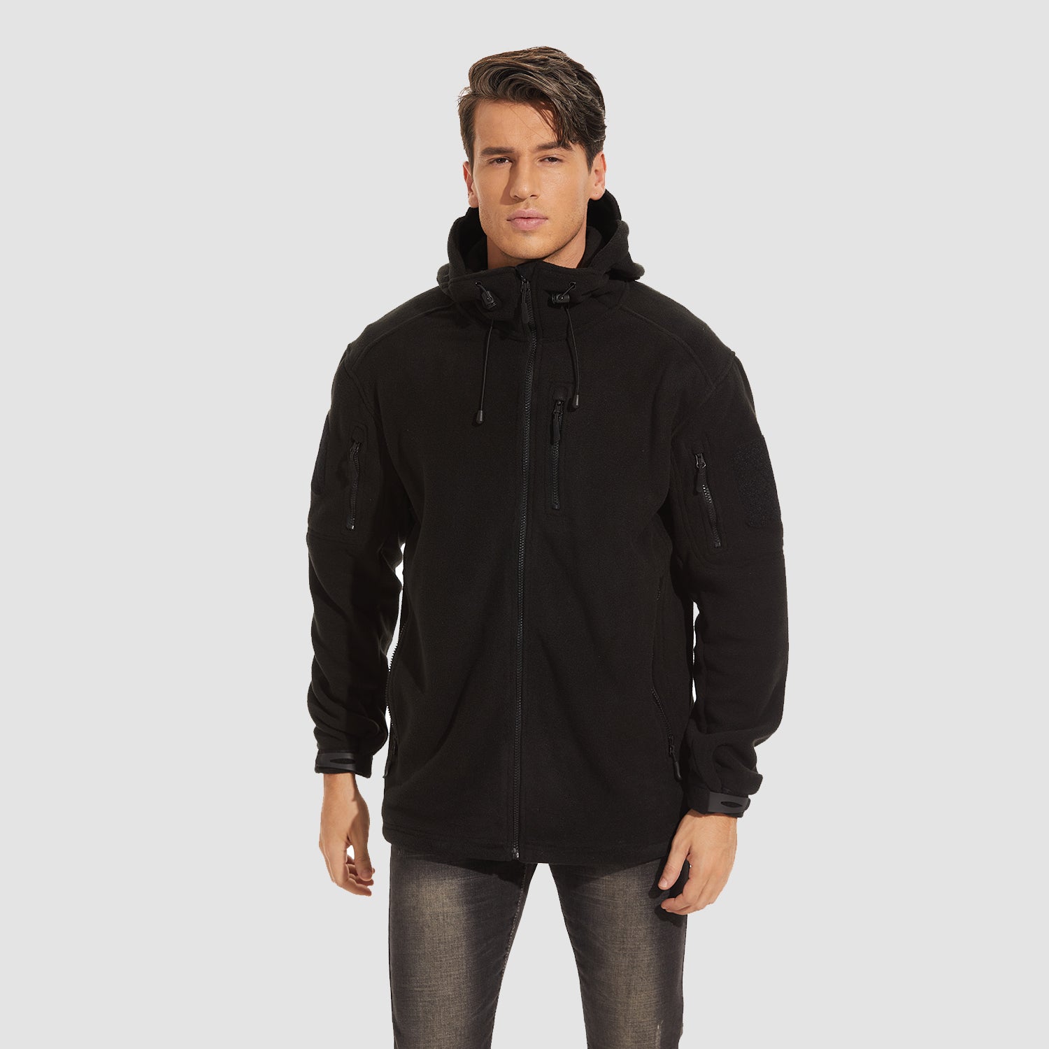 Men's Fleece Hoodie Jacket 5 Zip-Pockets Military Tactical Coat Windproof Winter Full Zip Hiking Work Outwear