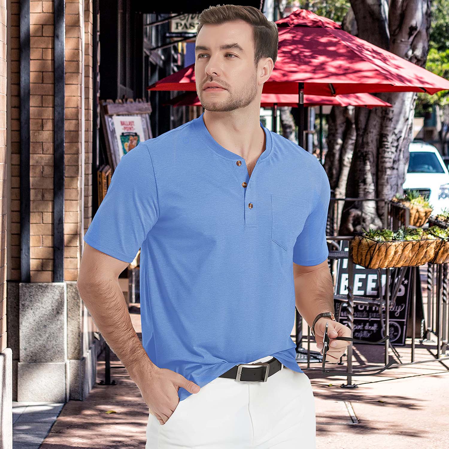 Men's Slim Fit Short Sleeve Sun Protection Henley Shirt