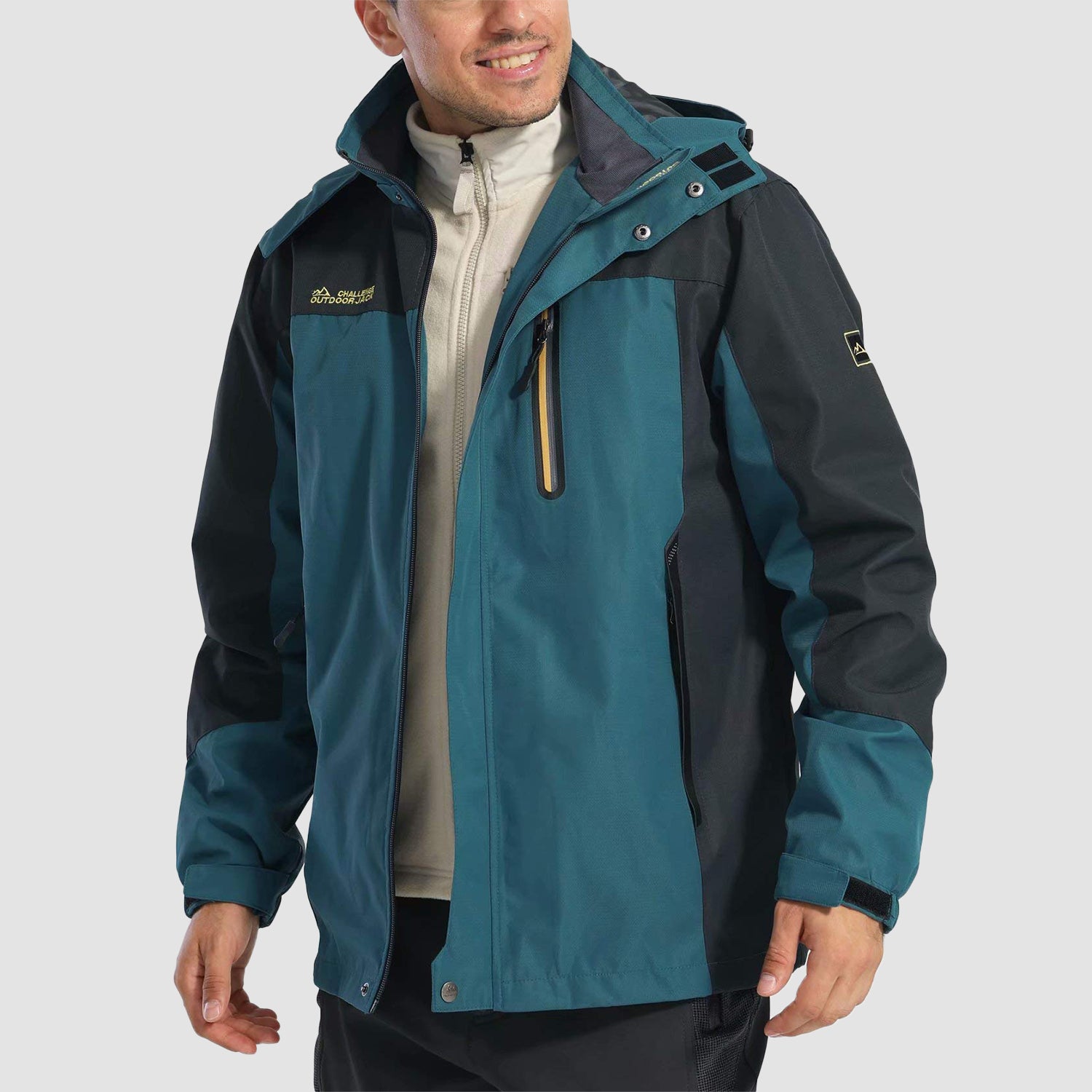 Men's Hooded Windproof Water Resistant Rain Jacket Windbreaker 5 Pockets for Hiking Fishing