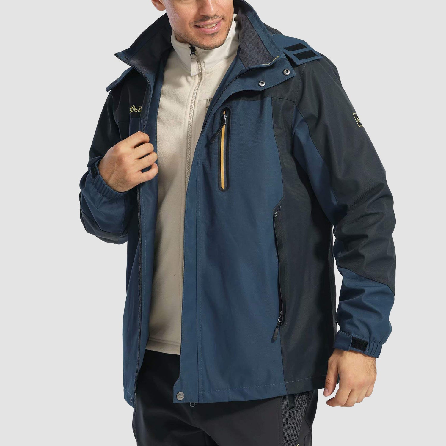 Men's Hooded Windproof Water Resistant Rain Jacket Windbreaker 5 Pockets for Hiking Fishing