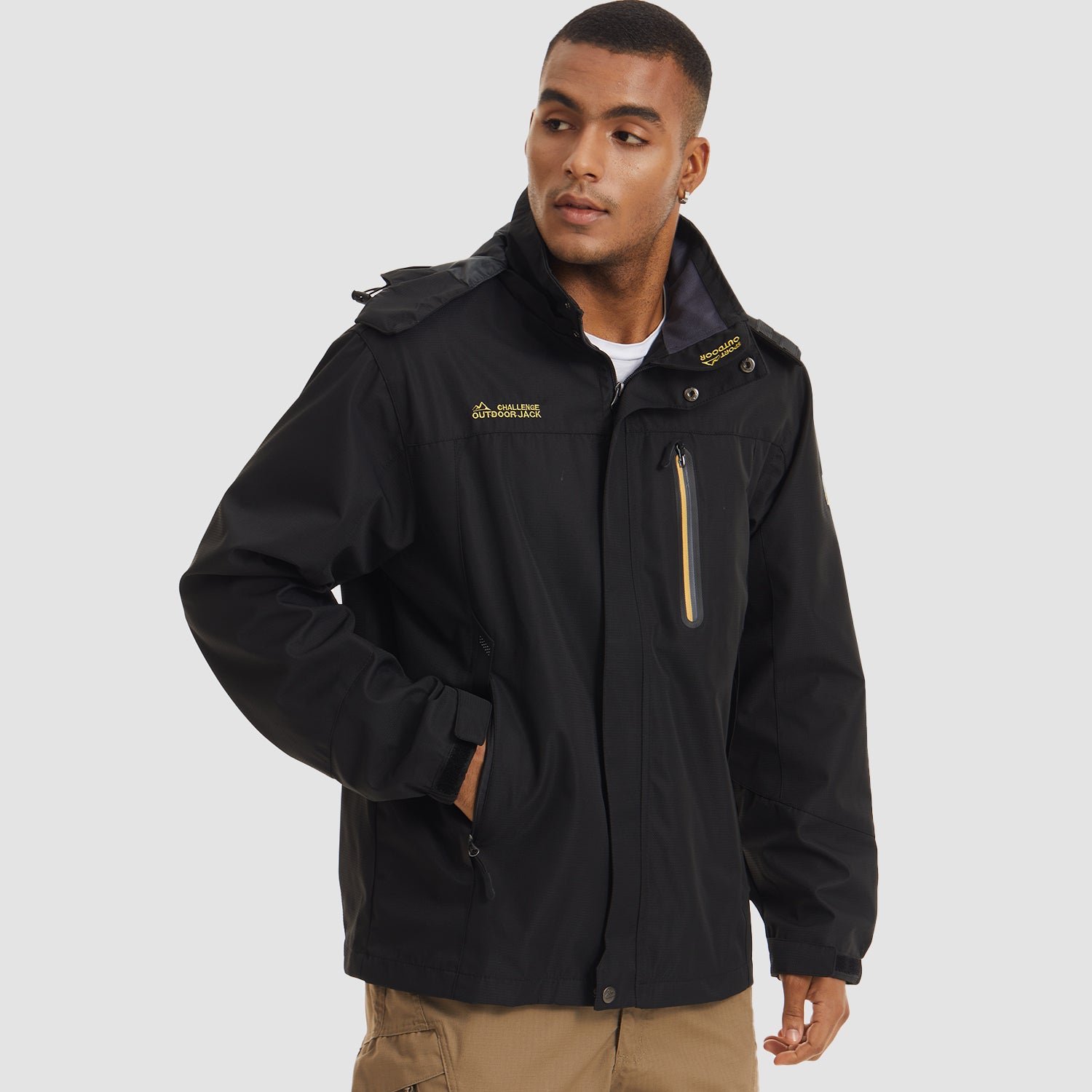Men's Hooded Windproof Water Resistant Rain Jacket Windbreaker 5 Pockets for Hiking Fishing